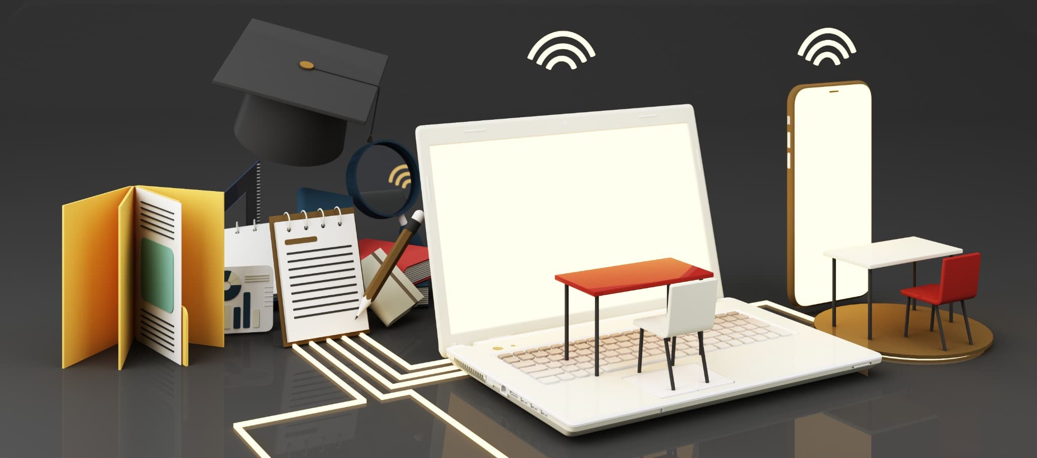 eAcademe digital learning hero banner with laptop, books, classroom desk and online study icons