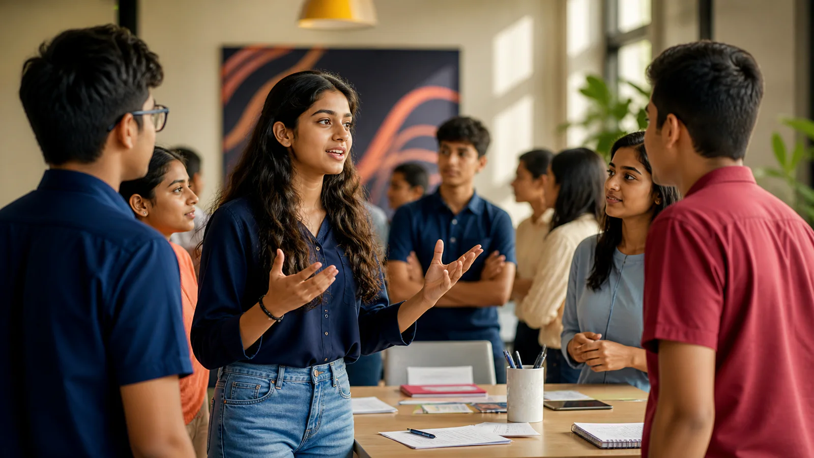 Student leader confidently guiding a collaborative group discussion