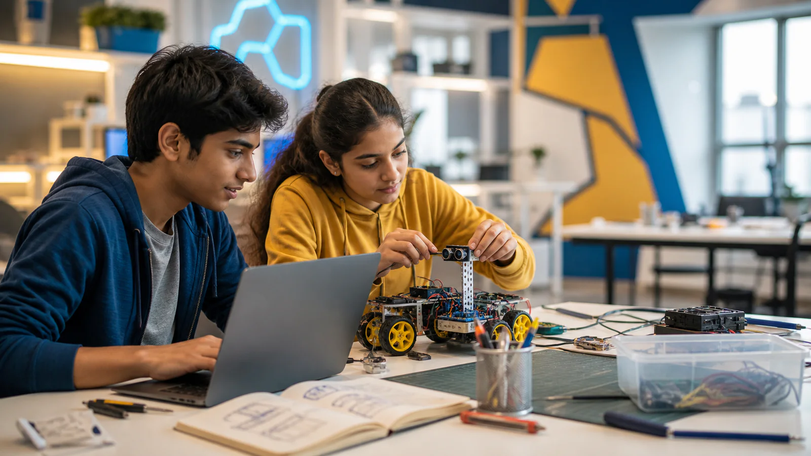 Students building a technology prototype with coding and creative tools